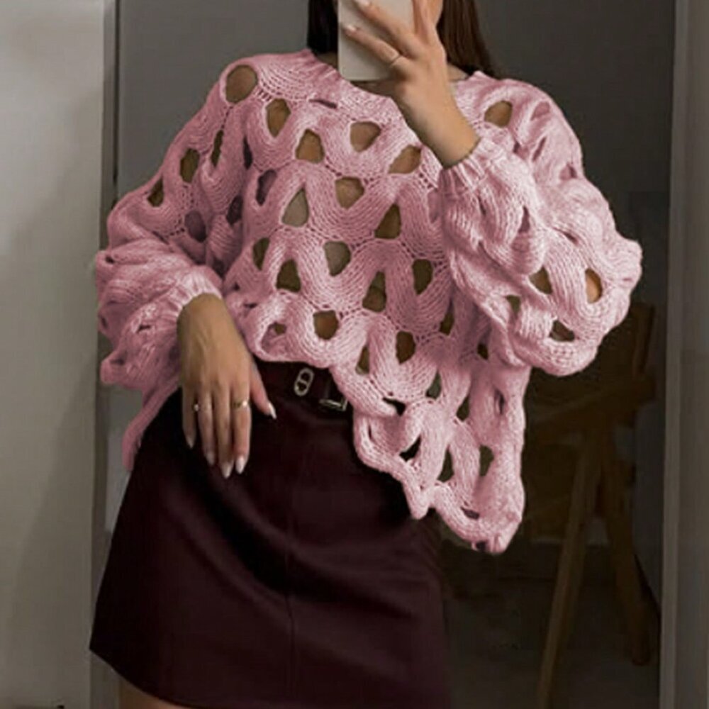Pink Casual Women's Skeleton Weave Long Sleeve Cowl Sweater Pullover - Picture 8 of 11